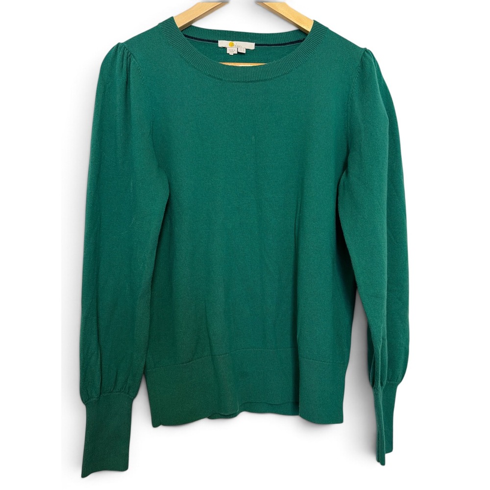 Boden Green Puff Shoulder Crew Neck Wool Cotton Sweater Tall Ribbed Cuff US 10